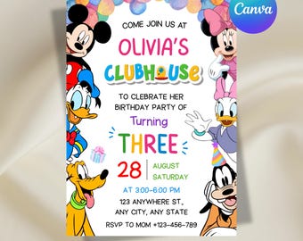 Mickey Mouse Clubhouse Birthday Invitation, Clubhouse Birthday Invitation, Kids Invitation, Editable Canva Template, Digital Download