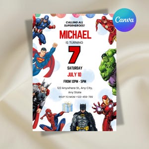 Pode incluir: Um convite de aniversário retangular com super-heróis de banda desenhada, incluindo Capitão América, Super-Homem, Thor, Homem-Aranha, Flash, Hulk, Batman e Homem de Ferro. O texto diz: CALLING ALL SUPERHEROES! MICHAEL IS TURNING 7 SATURDAY JULY 10 FROM 12PM - 5PM 123 Anywhere St., Any City, Any State RSVP TO MOM +123-456-789.