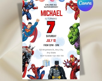 Superheroes Birthday Invitation, Superhero Birthday Party Invite, Superhero Invitation, Kids Birthday Invitation, Digital Canva Template