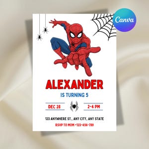 May include: A white birthday invitation card featuring a red and blue Spider-Man character, a black spider web, and two small spiders. The text reads: ALEXANDER IS TURNING 5, DEC 28, 2-4 PM, 123 ANYWHERE ST., ANY CITY, ANY STATE, RSVP TO MOM +123-456-789.