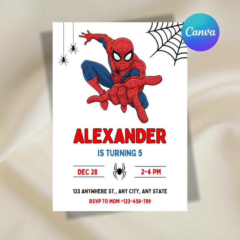 May include: A white birthday invitation card featuring a red and blue Spider-Man character, a black spider web, and two small spiders. The text reads: ALEXANDER IS TURNING 5, DEC 28, 2-4 PM, 123 ANYWHERE ST., ANY CITY, ANY STATE, RSVP TO MOM +123-456-789.