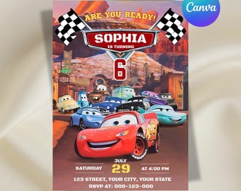 Cars Birthday Invitation, Lightning McQueen Birthday Invitation, Kids Birthday Invitation, Editable Canva Template, Digital Download