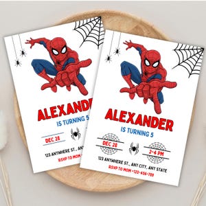 May include: Two rectangular birthday invitation cards featuring a red and blue superhero character in a web-shooting pose. The text reads ALEXANDER IS TURNING 5, DEC 28, 2-4 PM, 123 ANYWHERE ST., ANY CITY, ANY STATE, and RSVP TO MOM +123-456-789.
