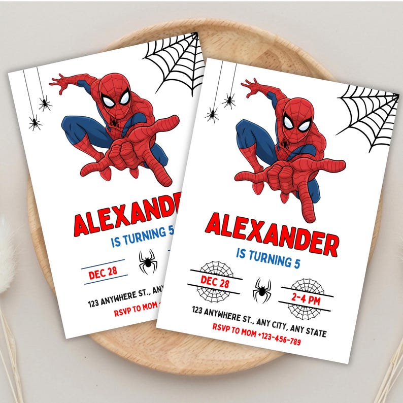 May include: Two rectangular birthday invitation cards featuring a red and blue superhero character in a web-shooting pose. The text reads ALEXANDER IS TURNING 5, DEC 28, 2-4 PM, 123 ANYWHERE ST., ANY CITY, ANY STATE, and RSVP TO MOM +123-456-789.