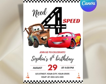Lightning McQueen 4rd Birthday Invitation, Cars Birthday Invitation, Kids Birthday Invitation, Editable Canva Template, Digital Download