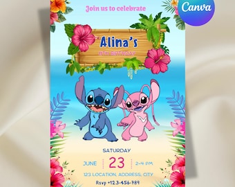 Stitch & Angle Birthday Invitation, Lilo Birthday Party, Kids Birthday Invitation, Editable Canva Template, Digital Download