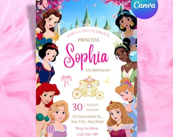 Princess Birthday Invitation, Princess Invitation Template, Princess Theme Party, Royal Birthday Invite, Editable  Canva Digital Download