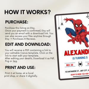 May include: A digital birthday invitation template featuring a red and blue superhero character, spider web graphics, and the text: HOW IT WORKS? PURCHASE: Purchase this listing on Etsy. EDIT AND DOWNLOAD: You will receive a PDF containing a link to your editable Canva template. PRINT AND USE: Print it at home, at a local print shop, or share it digitally. ALEXAND IS TURNING 5 DEC 28 123 ANYWHERE ST., ANY CITY, A RSVP TO MOM +123-456-