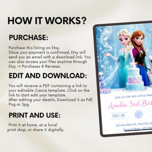 May include: A digital invitation template featuring Elsa and Anna from Frozen, a tiered birthday cake, and text reading Amelia 3rd Birthday, Dec 28. The graphic includes instructions titled How It Works, Purchase, Edit and Download, and Print and Use.