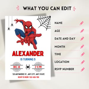 May include: A birthday invitation template featuring a red and blue Spider-Man character, spider web graphics, and the text Alexander is turning 5. The layout includes fields for name, age, date, time, location, and RSVP details with pencil icons.