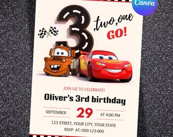 Lightning McQueen 3rd Birthday Invitation, Cars Birthday Invitation, Kids Birthday Invitation, Editable Canva Template, Digital Download