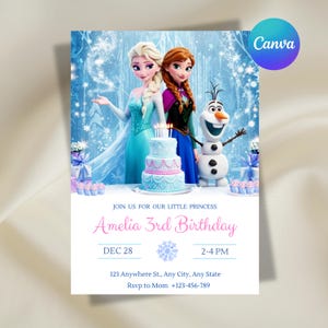 May include: A rectangular birthday invitation card featuring Elsa, Anna, and Olaf from Frozen. The design includes a three-tier cake, snowflakes, and text reading: JOIN US FOR OUR LITTLE PRINCESS Amelia 3rd Birthday, DEC 28, 2-4 PM, 123 Anywhere St., Any City, Any State, Rsvp to Mom +123-456-789.