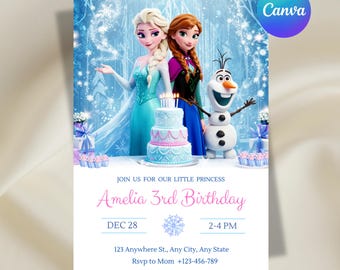 Invitación de cumpleaños de Frozen, invitación de cumpleaños de las princesas Elsa y Anna, invitación de cumpleaños infantil, plantilla editable de Canva, descarga digital.
