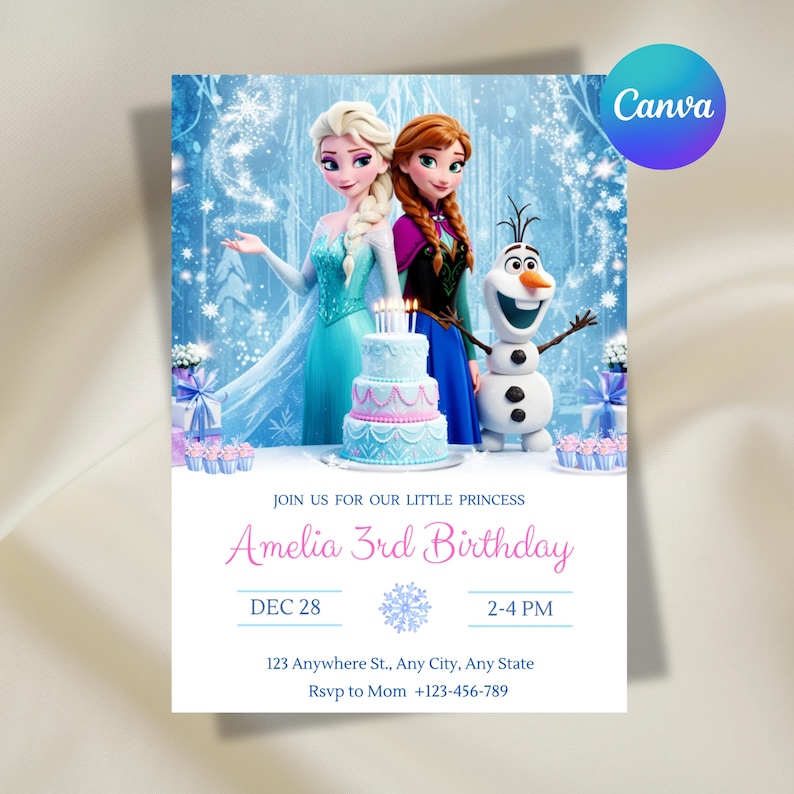May include: A rectangular birthday invitation card featuring Elsa, Anna, and Olaf from Frozen. The design includes a three-tier cake, snowflakes, and text reading: JOIN US FOR OUR LITTLE PRINCESS Amelia 3rd Birthday, DEC 28, 2-4 PM, 123 Anywhere St., Any City, Any State, Rsvp to Mom +123-456-789.