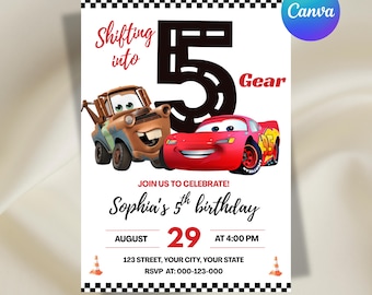 Lightning McQueen 5th Birthday Invitation, Cars Birthday Invitation, Kids Birthday Invitation, Editable Canva Template, Digital Download