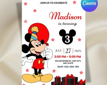 Mickey Mouse Birthday Invitation, Micky Mouse Invite, Kids Birthday Invitation, Editable Canva Template, Digital Download