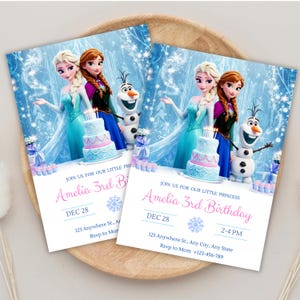 May include: Two rectangular birthday invitations featuring Elsa, Anna, and Olaf from Frozen. The cards display a three-tiered cake, blue snowflake background, and text reading Join us for our little princess Amelia 3rd Birthday, Dec 28, 2-4 PM, 123 Anywhere St., Any City, Any State, Rsvp to Mom +123-456-789.