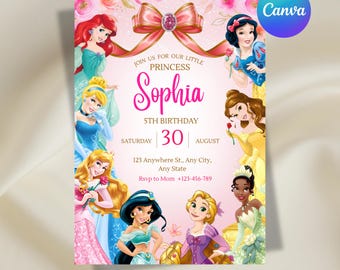 Princess Birthday Invitation, Princesses Birthday Invitation, Girls Birthday Invitation, Editable Canva Template, Digital Download