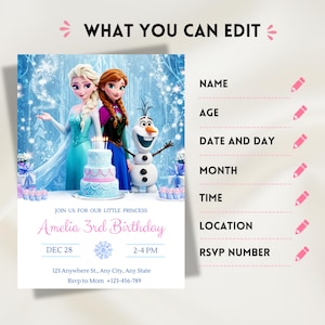 May include: A digital birthday invitation template featuring Elsa, Anna, and Olaf from Frozen. The design includes a three-tier cake, snowflakes, and editable text fields for name, age, date, time, location, and RSVP details on a white background.