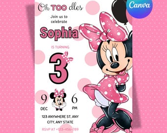Editable Minnie Mouse Birthday Invitation, Any Age Minnie Mouse Invitation, Girls Invitation, Editable Canva Template, Digital Download