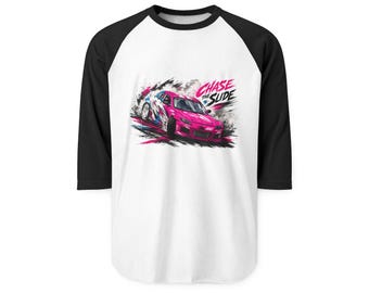 Camiseta raglán rosa con estampado de coches de drift y carreras / Gráfico de carreras