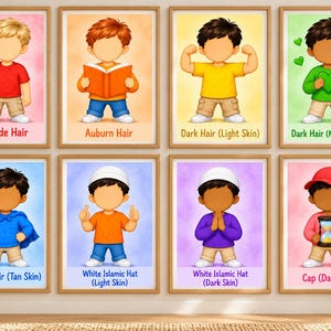 May include: Eight framed wall art prints featuring cartoon characters with diverse hair colors, skin tones, and accessories. Each print includes text labels such as Blonde Hair, Auburn Hair, Dark Hair, White Islamic Hat, and Cap, displayed in a grid.