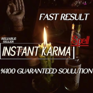 Pode incluir: Uma vela verde com chama acesa, uma garrafa de vidro transparente com rótulo e um objeto decorativo em forma de mão com padrões de henna. Os textos incluem FAST RESULT, RELIABLE SELLER, INSTANT KARMA, Spell e %100 GUARANTEED SOULUTION.