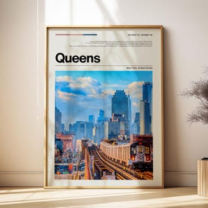 May include: A vertical wall art print featuring a photograph of a subway train on elevated tracks in Queens, New York. The image includes the text "Queens" and "New York, United States" with coordinates "40.7431° N, 73.9183° W" printed on a cream background.