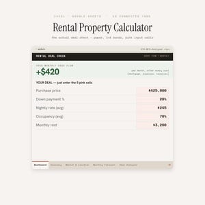 May include: A digital Rental Property Calculator spreadsheet interface featuring a Rental Deal Check dashboard. The layout includes fields for purchase price, down payment, nightly rate, occupancy, and monthly rent with pink input cells.