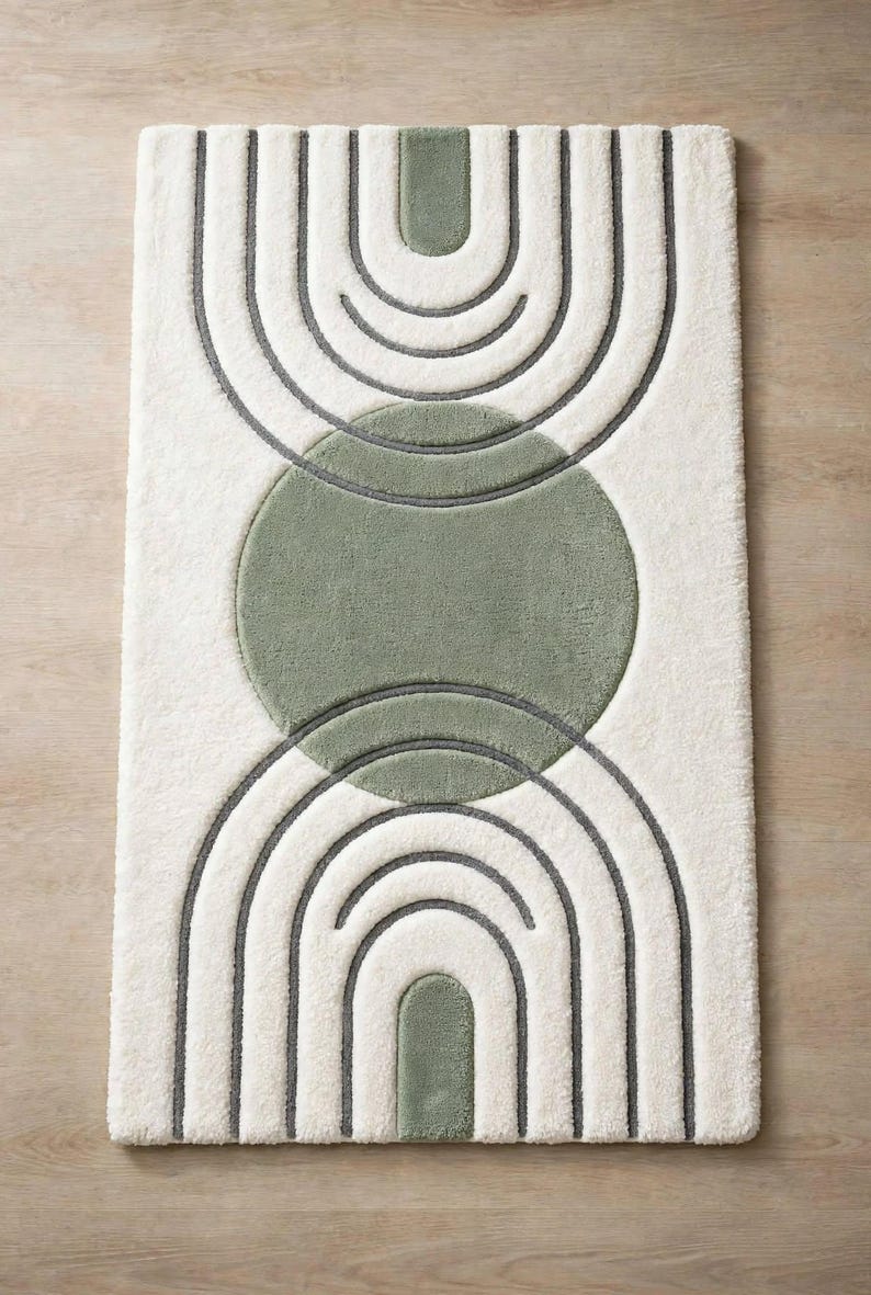 Hand-tufted Sage Green Wool Rug: Geometric Arch Design, Modern Boho ...