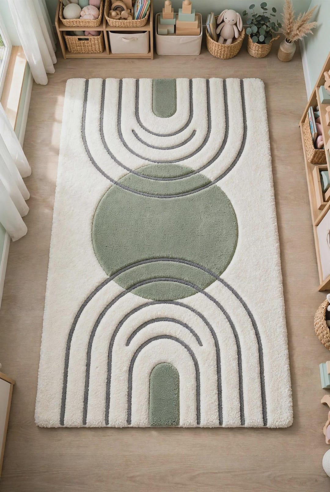 Rug Design Guide Hand-tufted Sage Green Wool Rug: Geometric Arch Design, Modern Boho ...