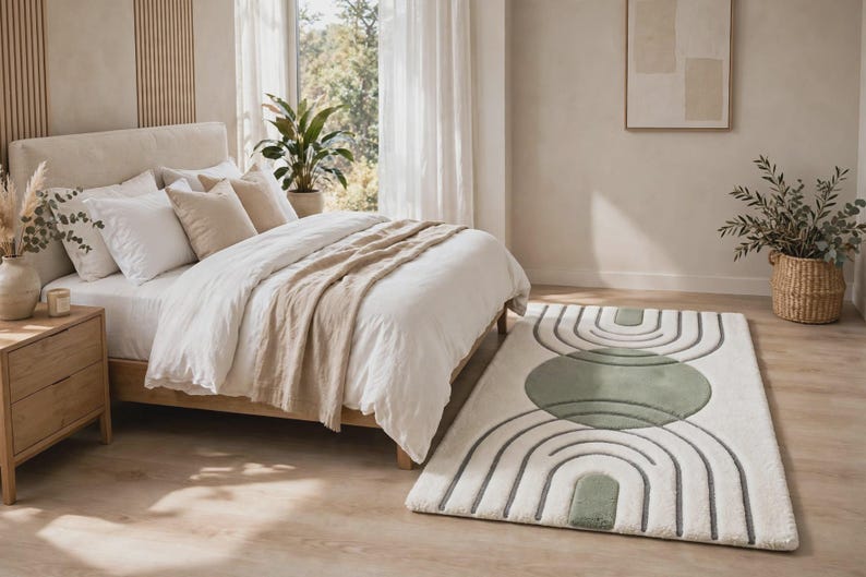 Rug Design Guide Hand-tufted Sage Green Wool Rug: Geometric Arch Design, Modern Boho ...