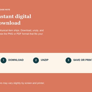 May include: A terracotta-colored digital instruction graphic featuring white text that reads: PLEASE NOTE, Instant digital download, No physical item ships. Download, unzip, and choose the PNG or PDF format that fits your day. A white horizontal bar contains three dark circles numbered 1, 2, and 3 with the text: DOWNLOAD, UNZIP, SAVE OR PRINT. The bottom text reads: Colors may vary slightly by screen and printer.
