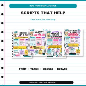 Pu&ograve; includere: Un set di quattro quaderni a spirale intitolati Scripts That Help, contenenti guide didattiche colorate per il personale di accoglienza veterinaria. Ogni pagina include illustrazioni di cani e gatti, script di comunicazione e consigli.