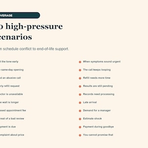May include: A list titled Coverage: 20 high-pressure scenarios, from schedule conflict to end-of-life support. It features two columns of bulleted text in dark teal and coral, detailing various professional challenges like missed appointment fees and late arrivals.