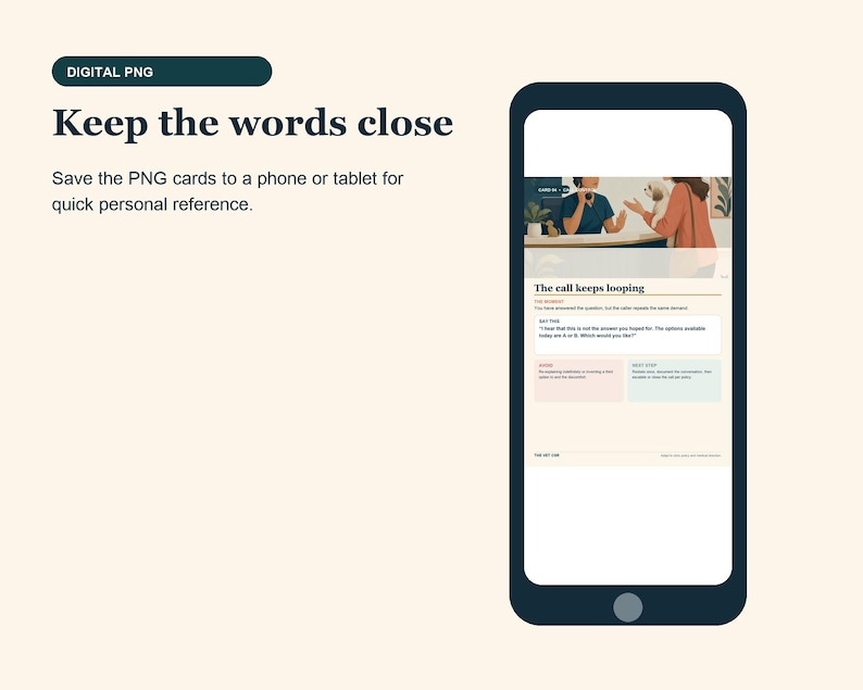 May include: A smartphone displaying a digital PNG card titled The call keeps looping. The screen shows an illustration of a person on a phone, text explaining a looping call scenario, and two boxes labeled Pause and Next step with instructions.