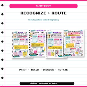 Pu&ograve; includere: Un set di quattro guide didattiche a spirale intitolate Patient Safety, Recognize + Route e TheVetCSR. Le pagine presentano illustrazioni colorate di cani e gatti, testi didattici, liste di controllo e protocolli di sicurezza.