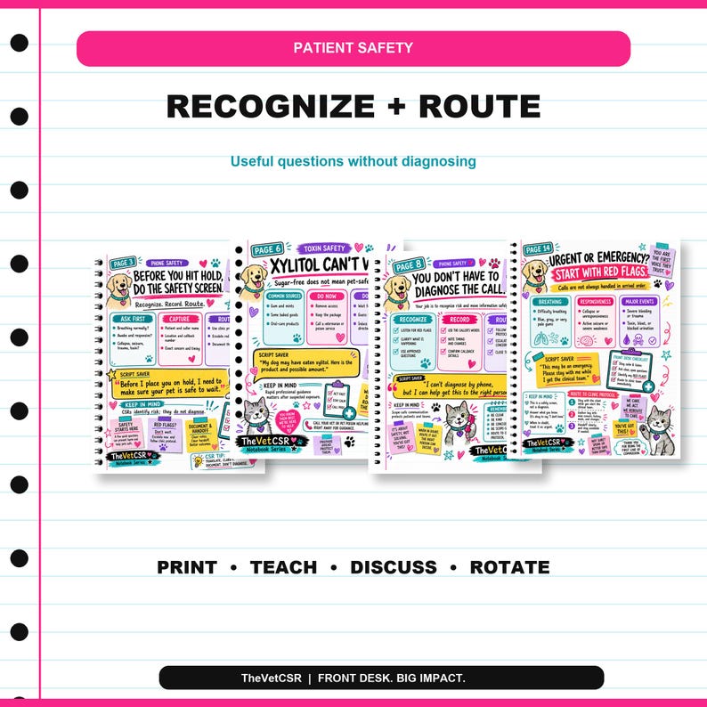 Pu&ograve; includere: Un set di quattro guide didattiche a spirale intitolate Patient Safety, Recognize + Route e TheVetCSR. Le pagine presentano illustrazioni colorate di cani e gatti, testi didattici, liste di controllo e protocolli di sicurezza.