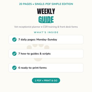Veterinary Receptionist Weekly Guide | 20-Page Simple Single-PDF Edition | Vet CSR Planner & Training Forms