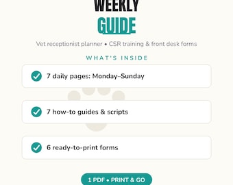 Veterinary Receptionist Weekly Guide, 20-Page Planner and Forms, Single PDF