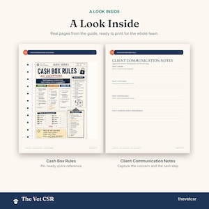 Op de afbeelding: Twee pagina's uit een gids getiteld A Look Inside. De linkerpagina, Cash Box Rules, bevat secties voor opening, ploegendiensten, afsluiting en een dagelijkse checklist. De rechterpagina, Client Communication Notes, bevat velden voor wat er is gehoord, uitgelegd en de volgende stappen.