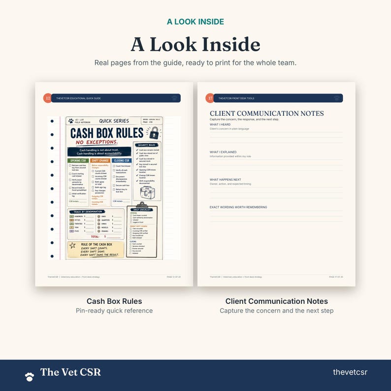 Op de afbeelding: Twee pagina's uit een gids getiteld A Look Inside. De linkerpagina, Cash Box Rules, bevat secties voor opening, ploegendiensten, afsluiting en een dagelijkse checklist. De rechterpagina, Client Communication Notes, bevat velden voor wat er is gehoord, uitgelegd en de volgende stappen.
