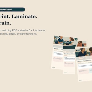 May include: A set of printable PDF training cards measuring 5 x 7 inches. The cards feature illustrations of people in professional settings, text headers like Results are still, Missed appointment, and You cannot promise that, and color-coded sections.
