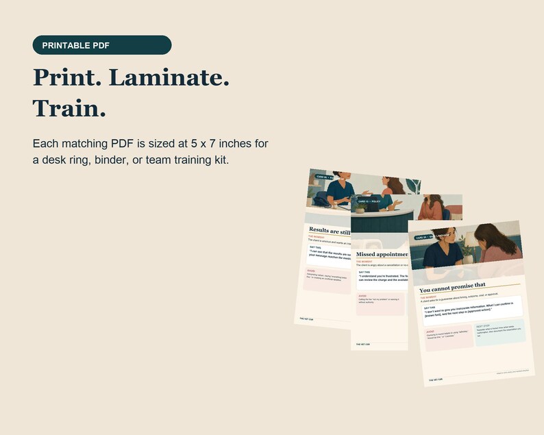 May include: A set of printable PDF training cards measuring 5 x 7 inches. The cards feature illustrations of people in professional settings, text headers like Results are still, Missed appointment, and You cannot promise that, and color-coded sections.