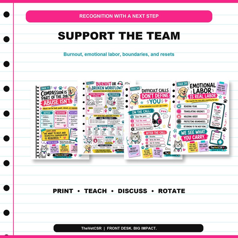 Pu&ograve; includere: Quattro pagine educative intitolate RECOGNITION WITH A NEXT STEP, SUPPORT THE TEAM e Burnout, emotional labor, boundaries, and resets. Le pagine presentano illustrazioni colorate di cani e gatti, testo e liste di controllo.