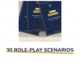 May include: A set of dark blue training cards featuring yellow text that reads TRAINING SCENARIOS, 30 real front-desk situations, print, cut, practice, and THEVETCSR. The cards include a yellow paw print icon at the top and a thin yellow border.