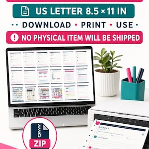 May include: A digital download 20-page PDF planner in US letter 8.5 x 11 inch format. The image displays a laptop screen showing planner pages, a printer with a printed Monday page, a ZIP file icon, and text stating no physical item is shipped.