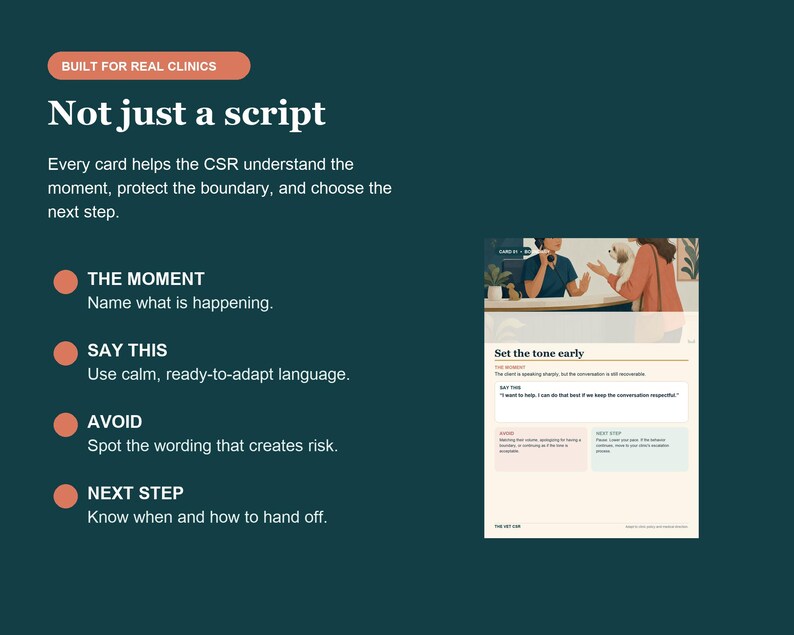 May include: A dark teal informational card titled Not just a script, featuring the text Built for real clinics. It outlines four steps for CSRs: The Moment, Say This, Avoid, and Next Step, alongside an illustration of a clinic reception desk.