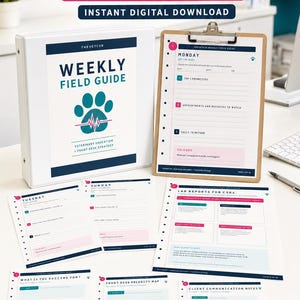 May include: A 20-page printable digital download titled THEVETCSR WEEKLY FIELD GUIDE. The set includes a white binder cover and multiple loose-leaf pages featuring veterinary education and front desk strategy templates with pink and blue accents.