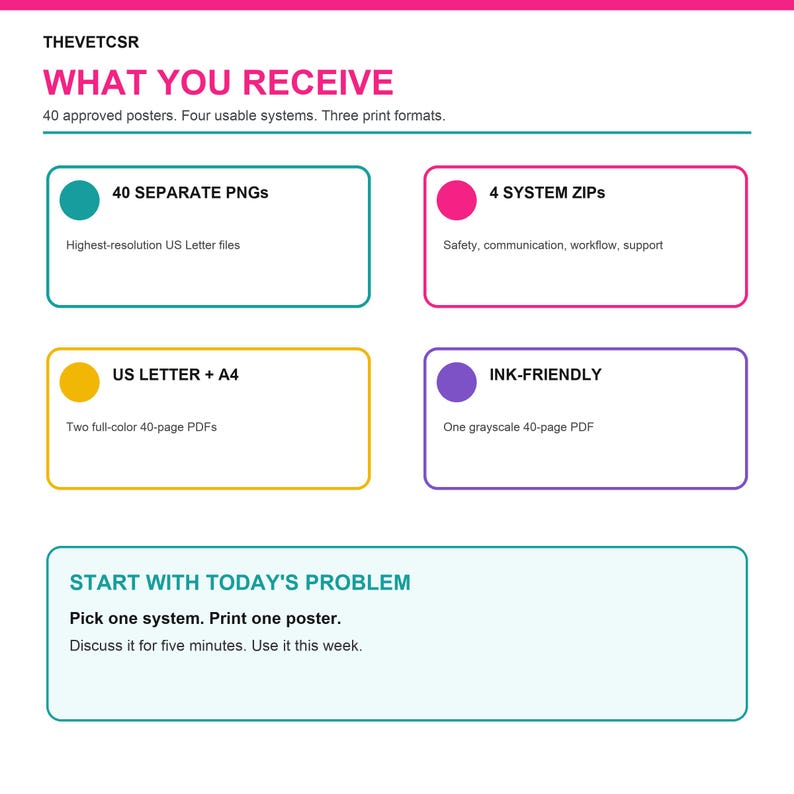 Pu&ograve; includere: Un grafico informativo intitolato THEVETCSR WHAT YOU RECEIVE che elenca 40 poster approvati, quattro sistemi e tre formati di stampa. Dettaglia 40 PNG separati, 4 ZIP di sistema, PDF in formato US Letter e A4 e un PDF in scala di grigi.